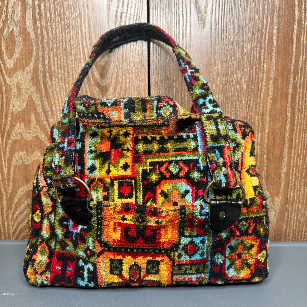 VTG Western Tapestry Carpet Bag Geometric Boho Velvet Handbag Multi Color Retro